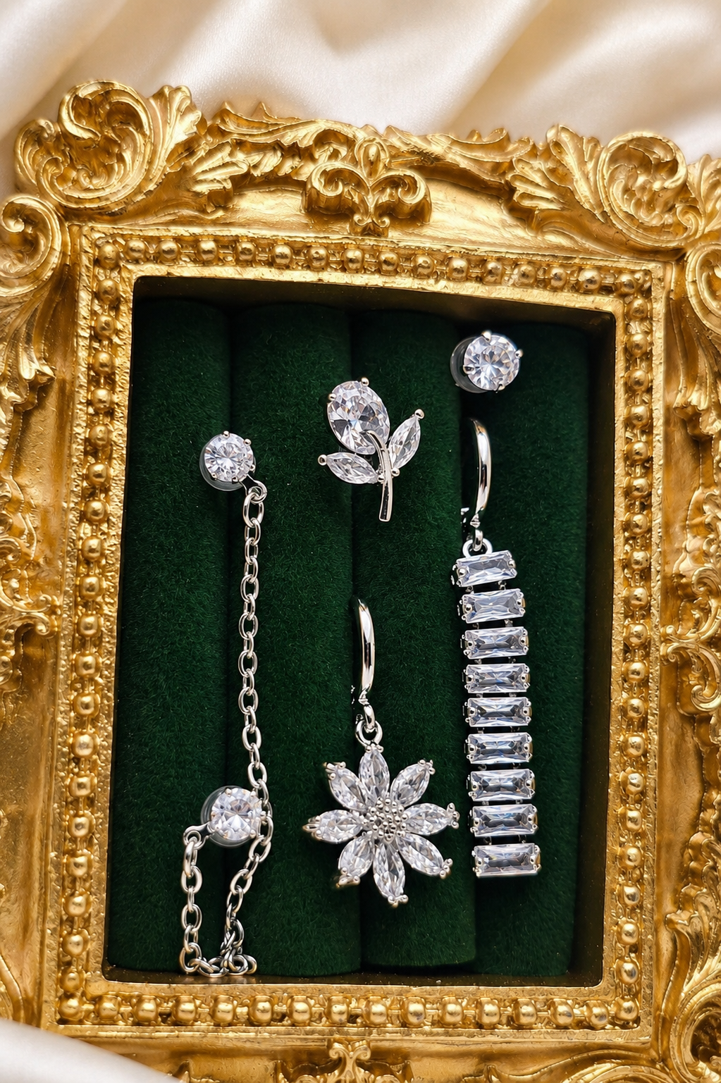 Silver Floral Earrings Set