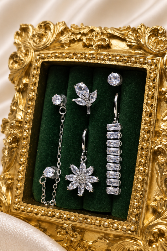 Silver Floral Earrings Set